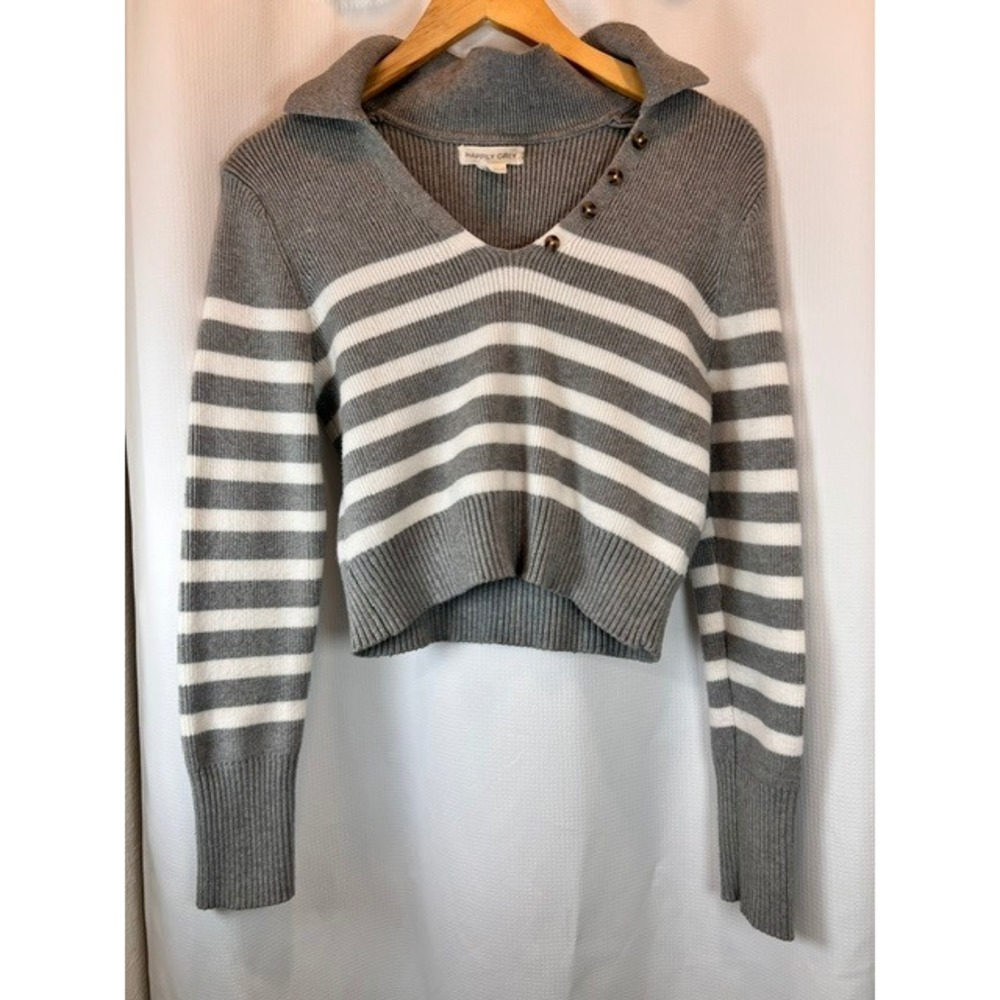 Happily Grey Striped Cropped Polo Sweater Button V-Neck Gray White Cozy Knit MED